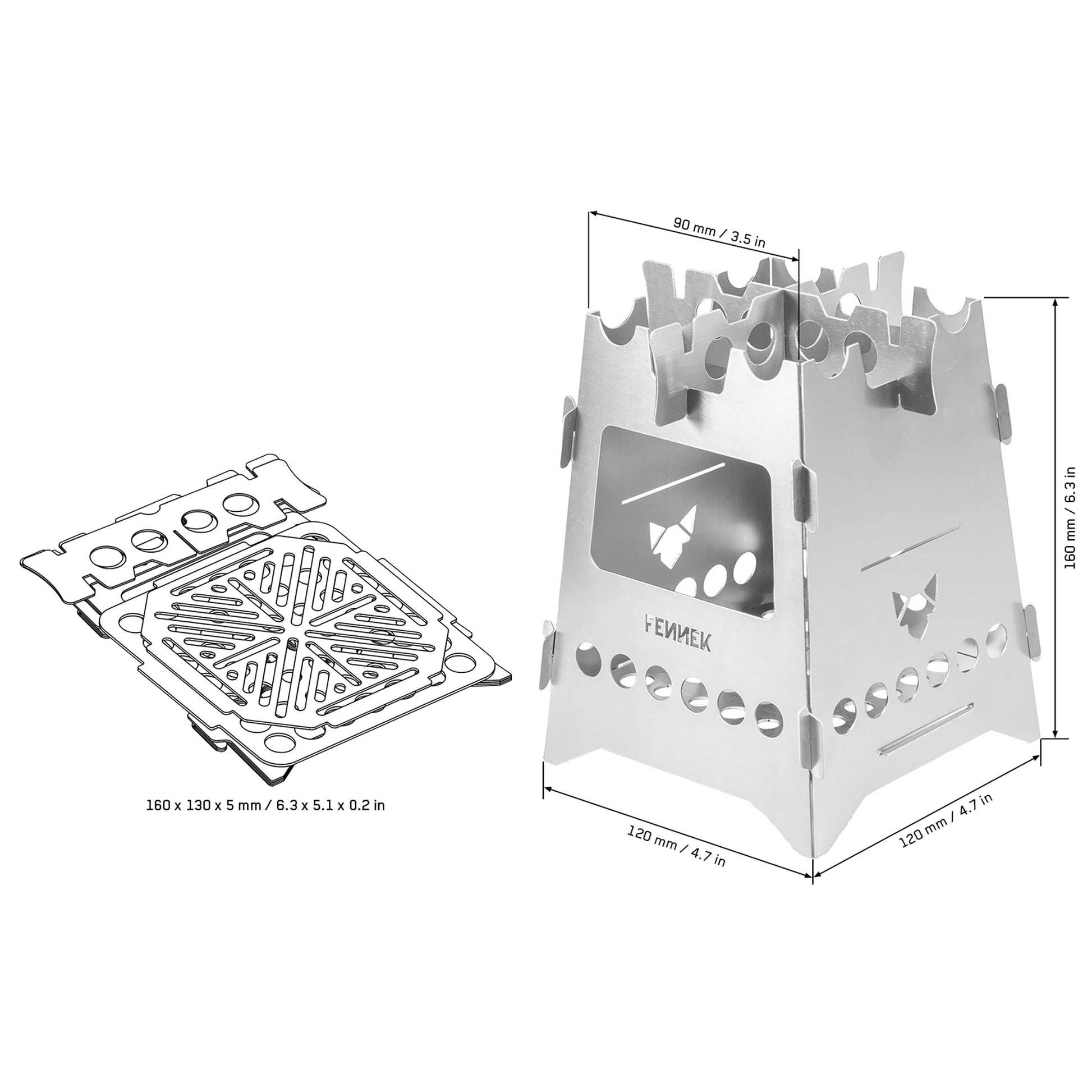 Zeichnung des zusammengelegten Hobo und Foto vom aufgebauten Hobo aus Edelstahl mit FENNEK-Schriftzug und Topfkreuz auf weißem Hintergrund, jeweils mit den zugehörige Maßangaben