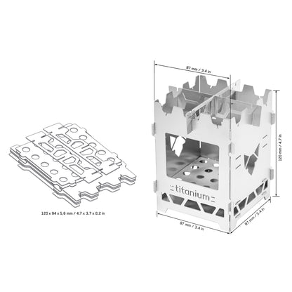 Zeichnung des zusammengelegten Hobokocher aus Titan und Foto vom aufgebauten Hobokocher mit Titanium-Schriftzug und Topfkreuz auf weißem Hintergrund, jeweils mit den zugehörige Maßangaben