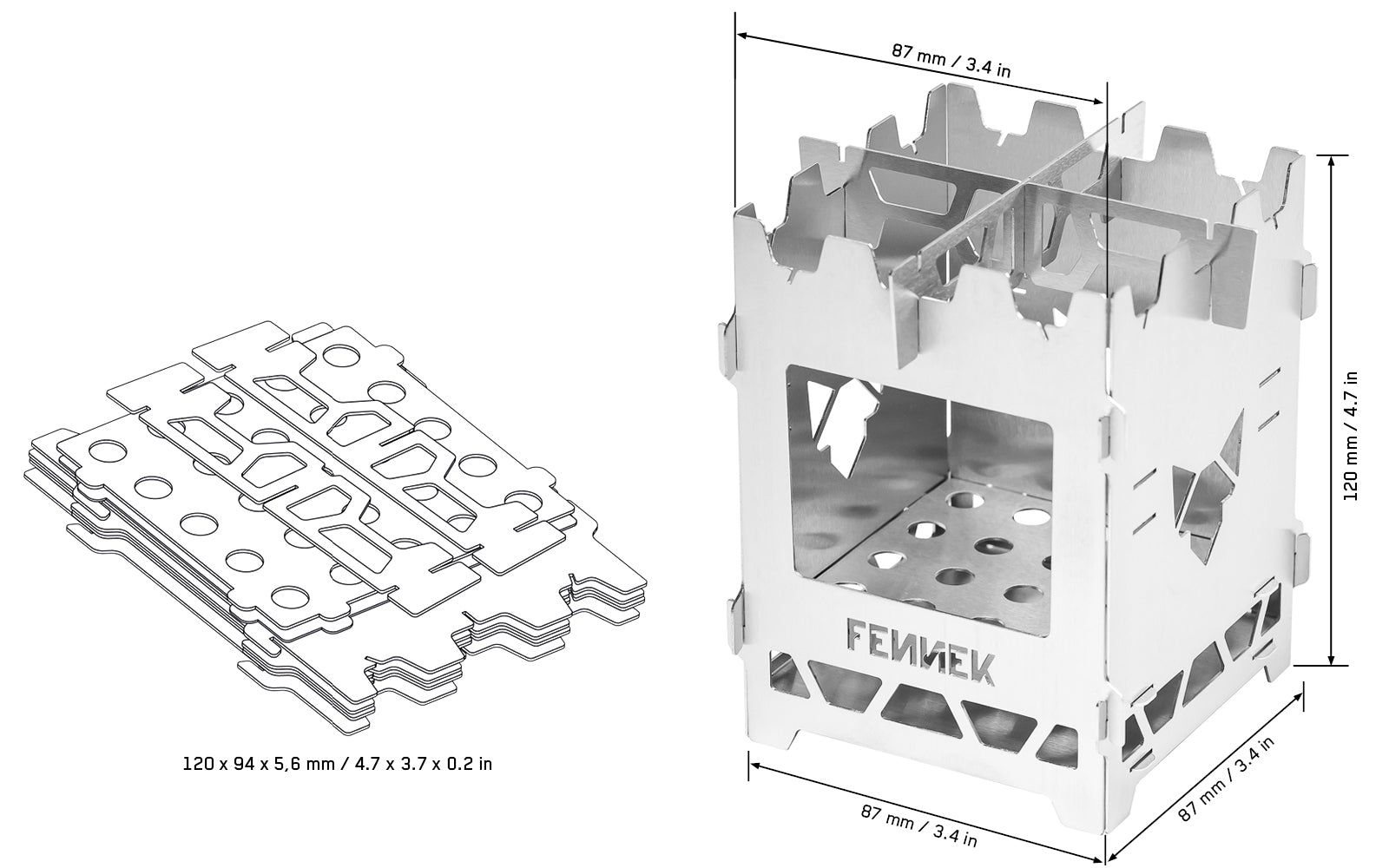 Zeichnung des zusammengelegten Hobokocher aus Edelstahl und Foto vom aufgebauten Hobokocher mit FENNEK-Schriftzug und Topfkreuz auf weißem Hintergrund, jeweils mit den zugehörige Maßangaben