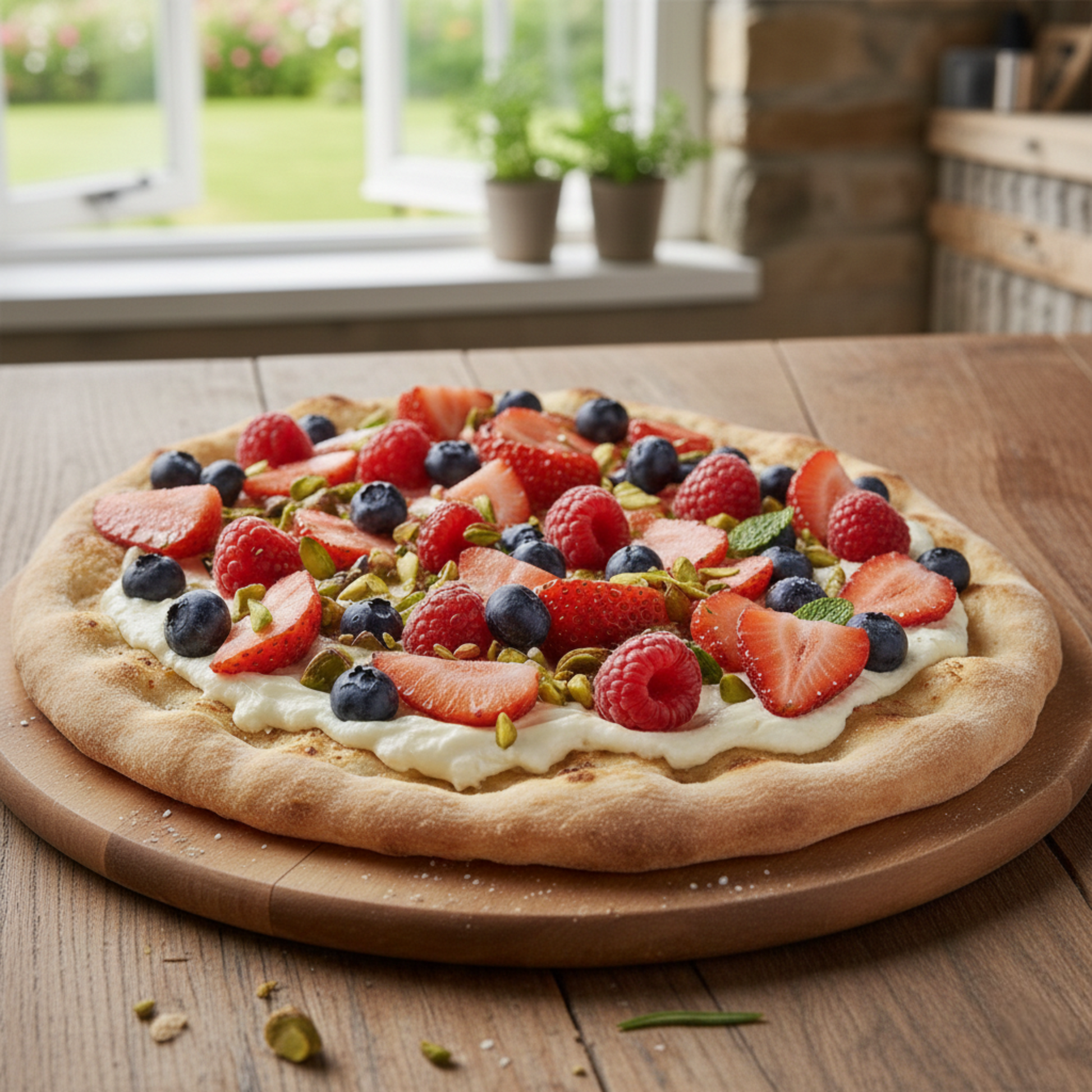 Szenebild zeigt eine süße Pizza belegt mit Früchten und einer Creme. Besonders auffällig ist der hohe, krosse und fluffige Rand der Pizza. Dieses Ergebnis wurde mit Hilfe der FENNEK Blind Bake Edelstahlplatte erzeugt. Der Teigbeschwerer wird nämlich zum Blindbacken verwendet und verhindert dabei, dass der Pizzateig in der Mitte aufbläht. Die Blind Bake Edelstahlplatte eignet sich perfekt für süße Pizzakreationen.