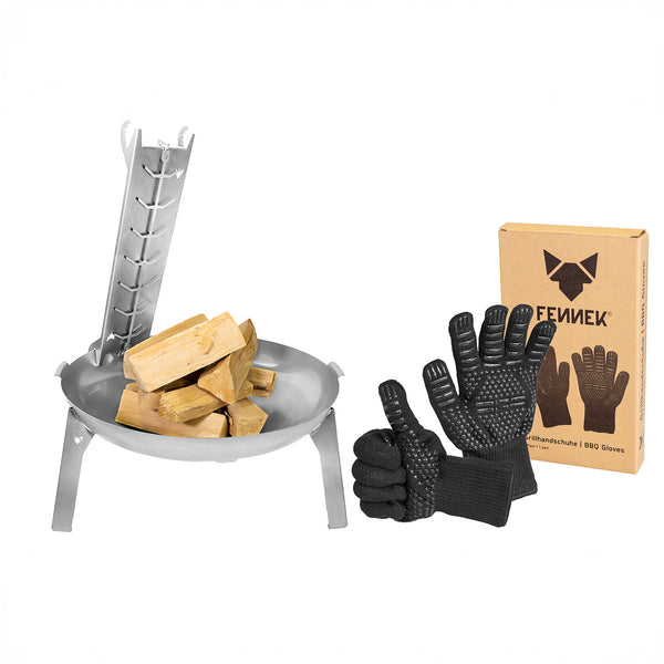 Feuerschale 3Pod Edelstahl mit Edelstahl Flammlachshalter und Grillhandschuhen aus Stoff