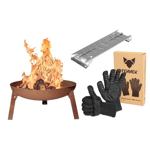 Feuerschale 3Pod Stahl mit Edelstahl Flammlachshalter und Grillhandschuhen aus Stoff