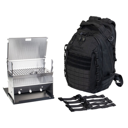 Freisteller FENNEK Grill und FENNEK Backpack One2explore, mit den dazugehörigen Kompressionsgurten.