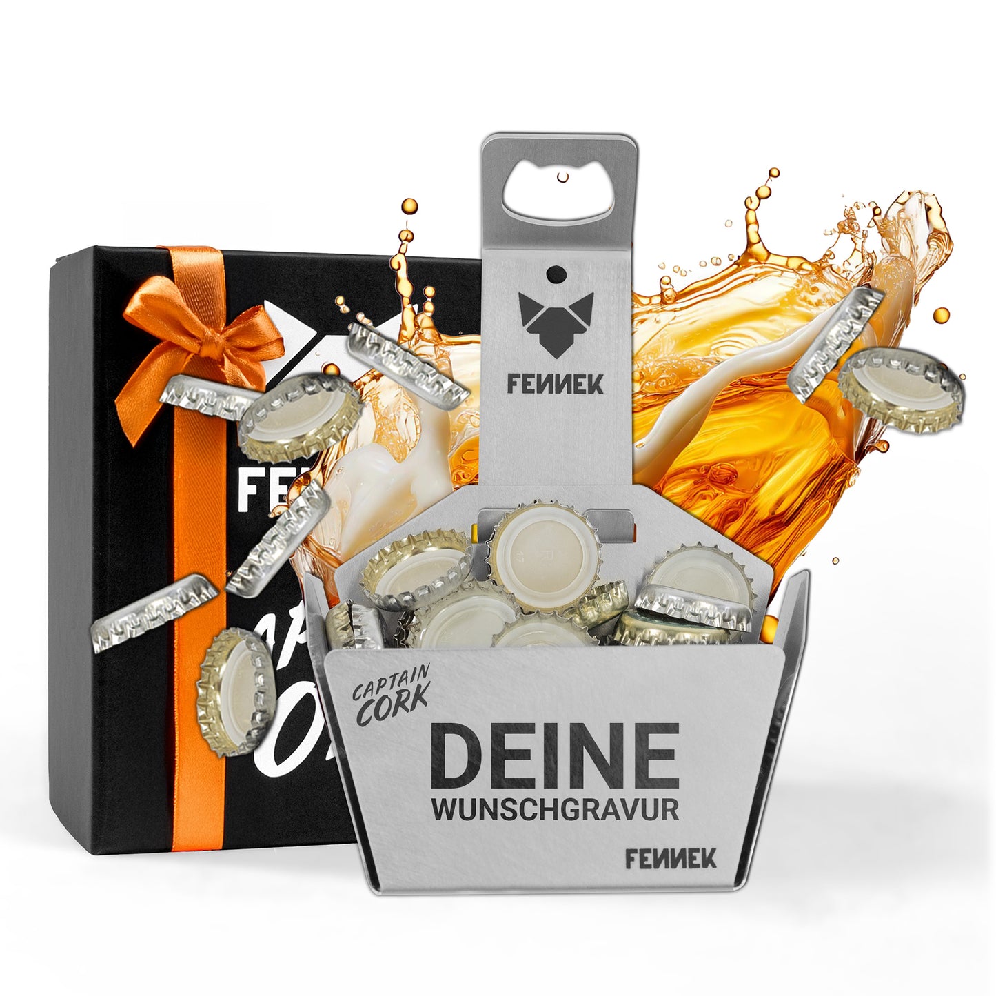Titelbild vom FENNEK Flaschenöffner Captain Cork mit Korb. Dieser ist das ideale Geschenk, da er nicht nur mit einer edlen Geschenkverpackung kommt, sondern man kann ihn auch individuell gravieren lassen. Einfach Bild, Text oder Logo hochladen und schon bekommst du deinen ganz individuellen Flaschenöffner - natürlich made in Germany.