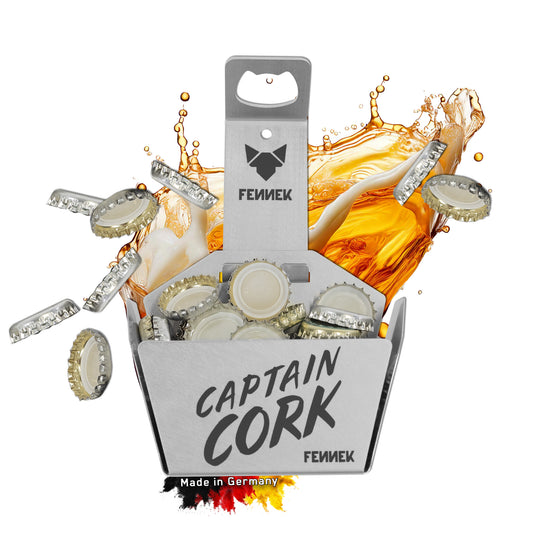 Titelbild vom FENNEK Captain Cork mit Korb. Im Hintergrund sieht man fließendes Bier und umherfliegende Kronkorken.