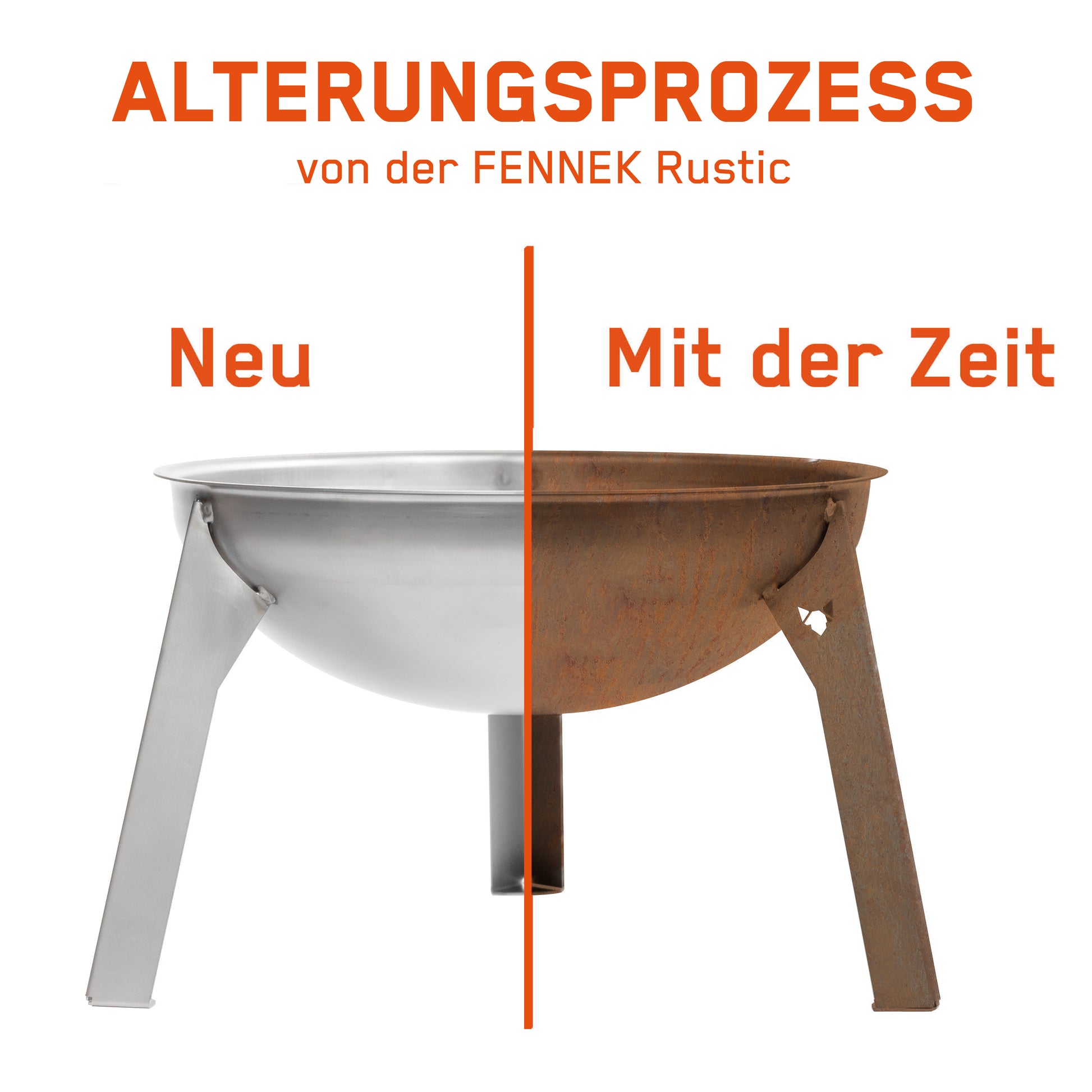 Freisteller der FENNEK Feuerschale. Die Beschreibung erläutert den Alterungsprozess zum rostigen Look.