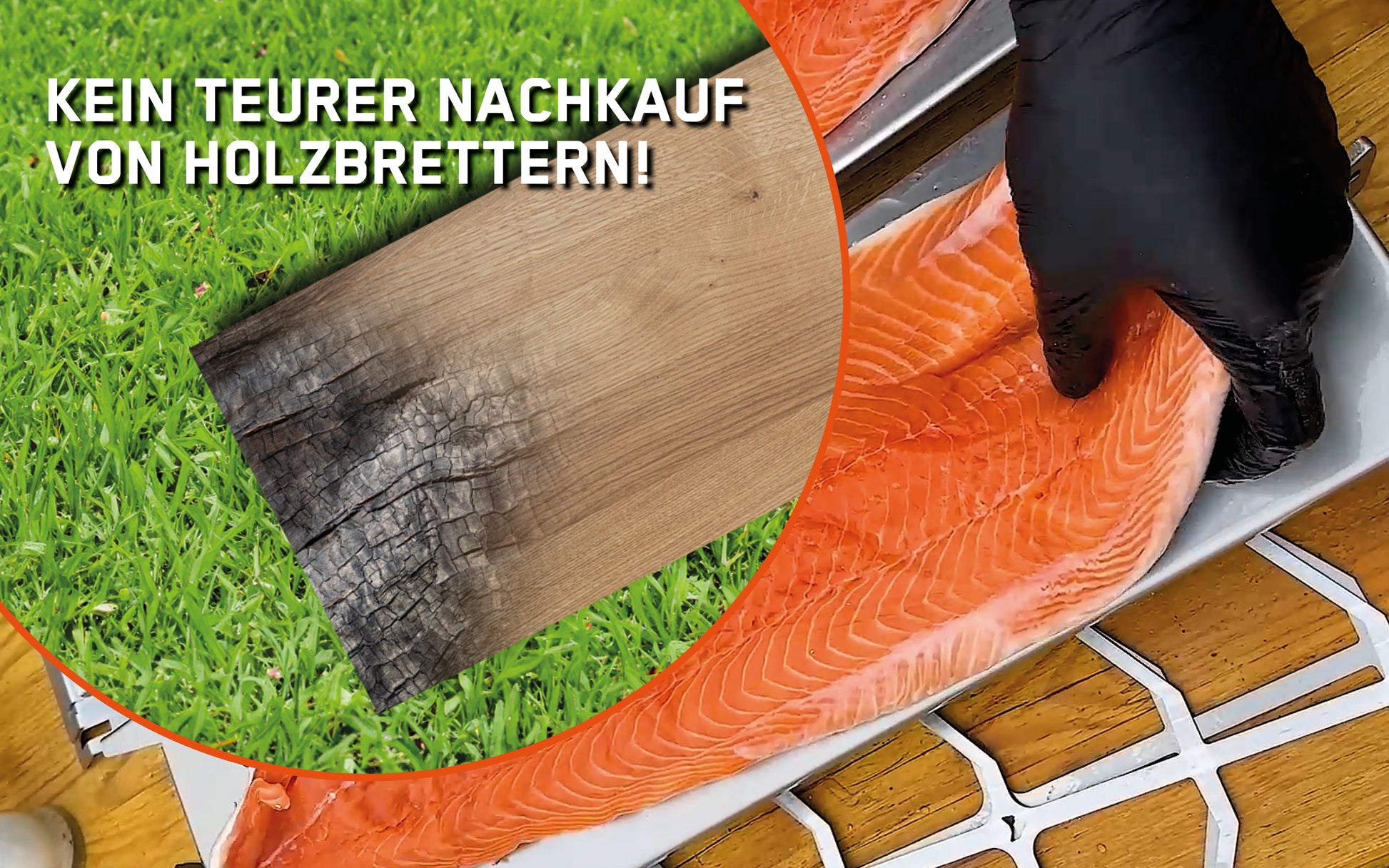 Das Detailbild zeigt, dass man durch die Verwendung eines Edelstahlbretts für den Flammlachs keinen Verschleiß von Holzbrettern hat.