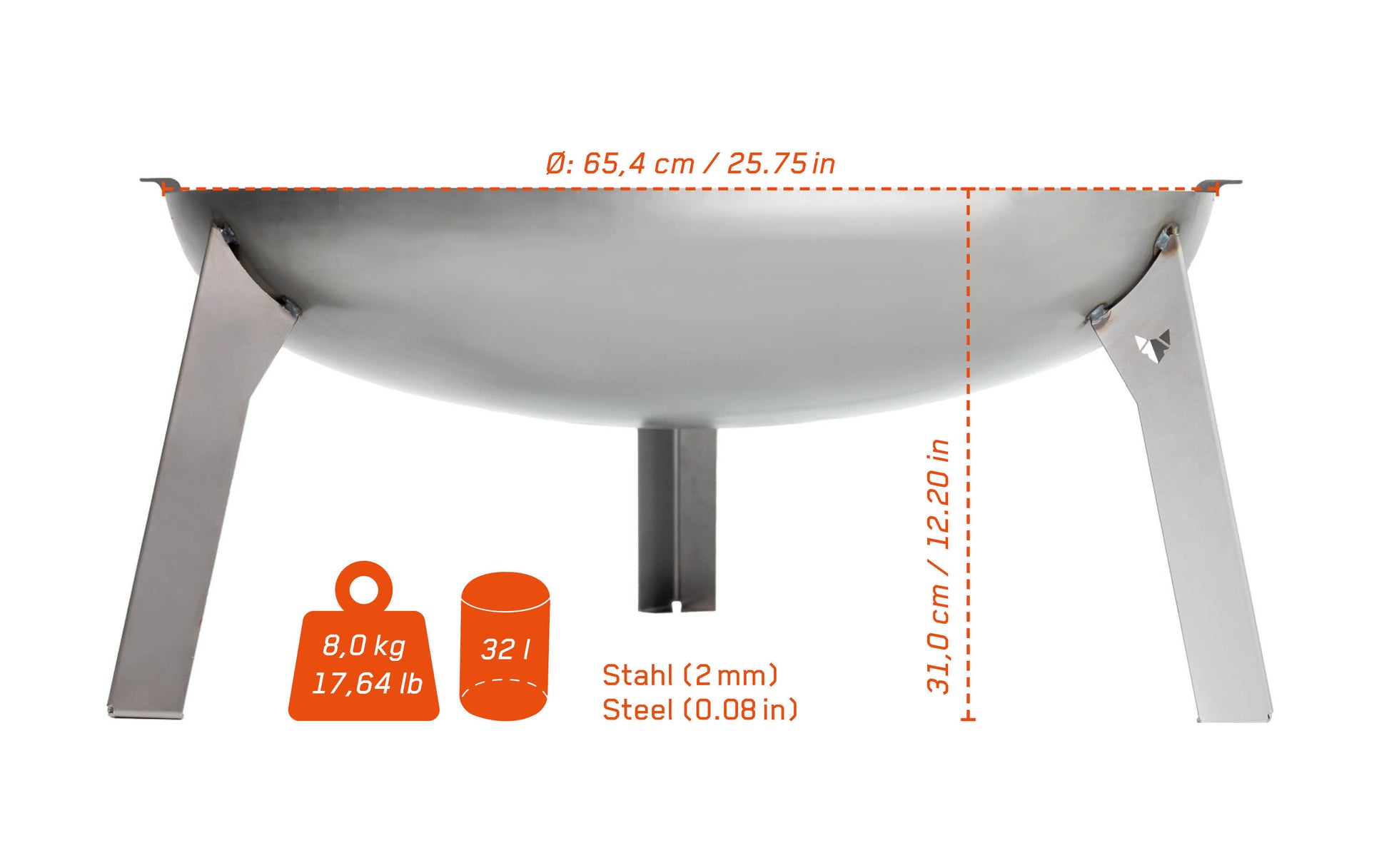 Freisteller der FENNEK Feuerschale 3Pod aus Stahl mit Angaben von Höhe, Breite und Gewicht