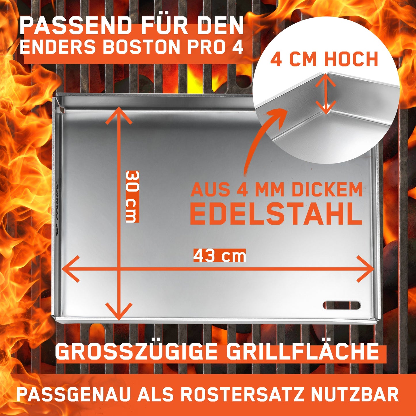 Infografik der FENNEK Plancha zeigt, dass sie als Rostersatz passgenau für den Enders Boston Pro4 konzipiert ist. Das Bild zeigt eine Draufsicht mit eingetragenen Maßen von 43 cm Breite und 30 cm Tiefe. Ein runder Ausschnitt veranschaulicht die Randhöhe von 4 cm.