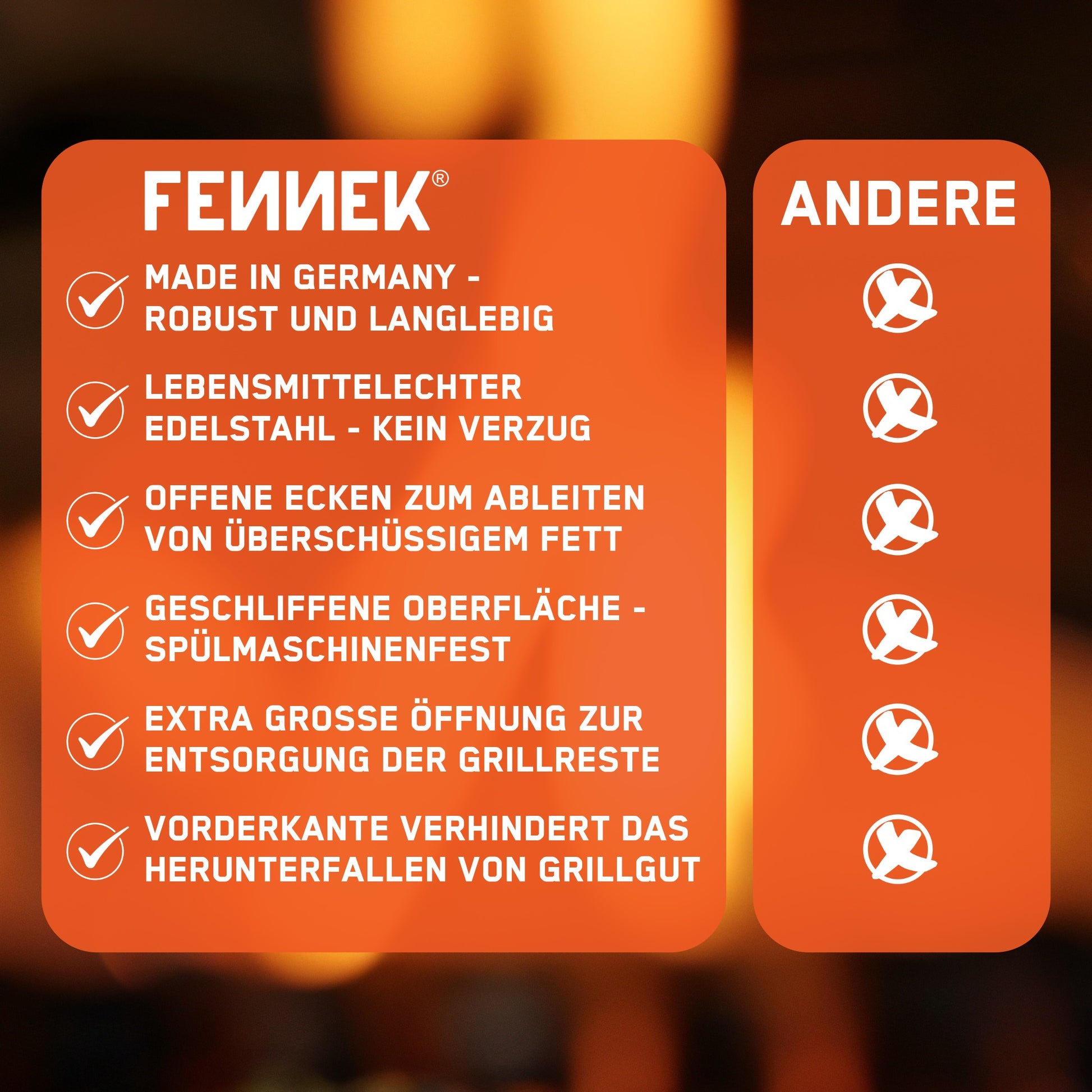 Vergleichstabelle der FENNEK Plancha gegenüber Wettbewerbern. Unsere punktet mit sechs Merkmalen, die jeweils mit einem Haken bestätigt sind: Made in Germany (robust & langlebig), lebensmittelechter Edelstahl ohne Verzug, offene Ecken zum Fettableiten, geschliffene Oberfläche (spülmaschinenfest), extra große Öffnung für Grillreste und eine Vorderkante, die das Herunterfallen von Grillgut verhindert. Bei der Konkurrenz sind diese Punkte jeweils mit einem X markiert.