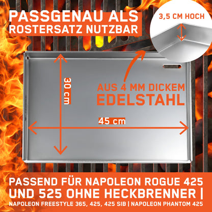 Detailbild zeigt die FENNEK Plancha 45 x 30 cm. Sie kann passgenau als Rostersatz genutzt werden und passt auf den Napoleon Rogue, Freestyle und Phantom.