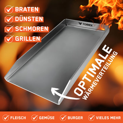 Infografik zeigt die FENNEK Plancha für Rösle Grills vor einem loderndem Flammenhintergrund. Das Bild hebt die vielseitigen Funktionen Braten, Dünsten, Schmoren und Grillen hervor. Ein weißer Pfeil deutet auf die Fläche der Grillplatte mit dem Text „Optimale Wärmeverteilung“. Am unteren Rand werden Einsatzmöglichkeiten für Fleisch, Gemüse, Burger und vieles mehr aufgelistet.