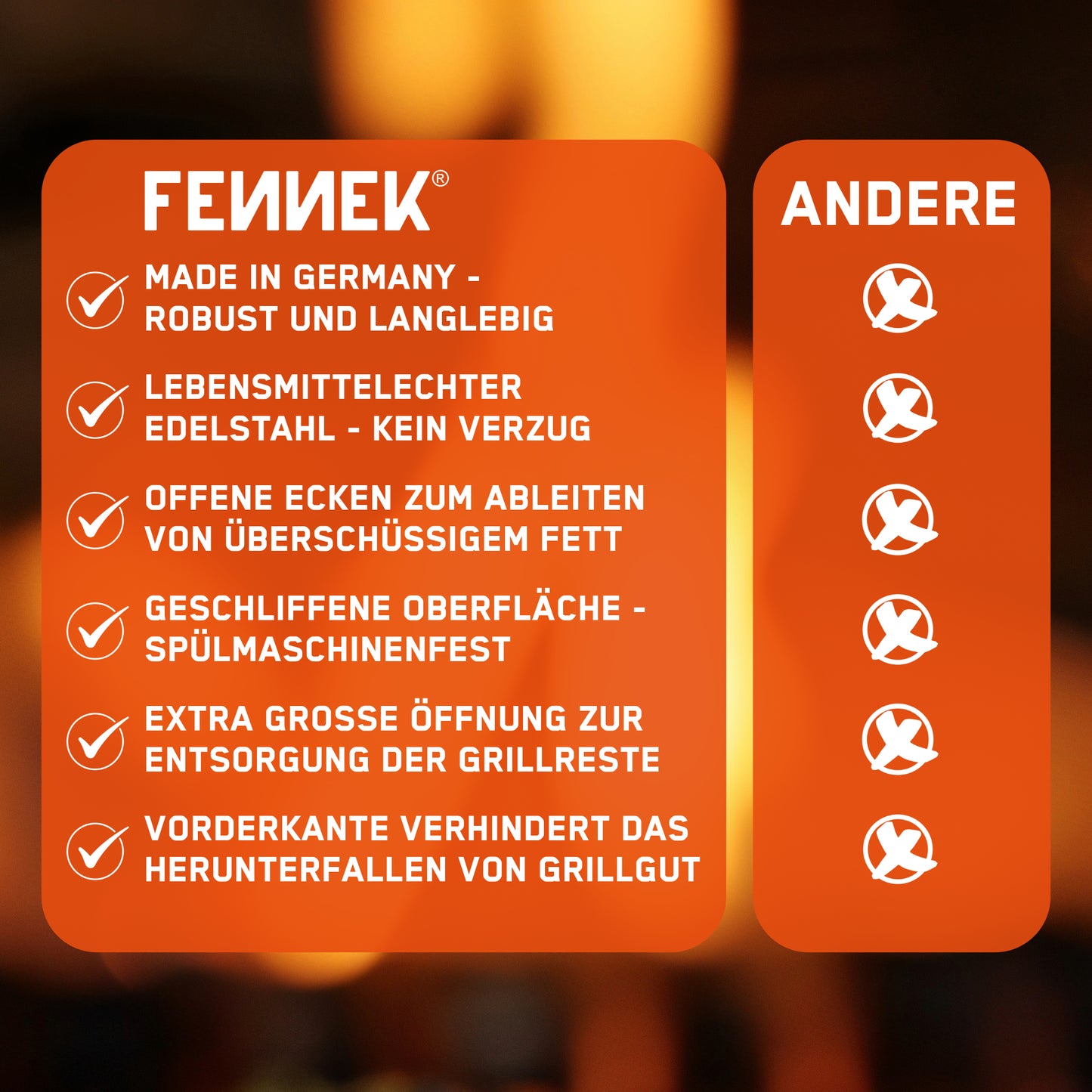 Bild zeigt die wichtigsten Merkmale der Plancha mit Vorderkante und Ablaufloch auf einen Blick im Vergleich zur Konkurrenz. Sie ist Made in Germany, langlebig und robust. Der lebensmittelechte Edelstahl verzieht sich auch nicht bei hoher Hitze. Die offenen Ecken machen das Ableiten von überschüssigem Fett zum Kinderspiel. Zusätzlich ist die Plancha dank der geschliffenen Oberfläche spülmaschinenfest. Die extra große Öffnung zur Entsorgung der Grillreste und die hochgezogene Vorderkante sind weitere Vorteile