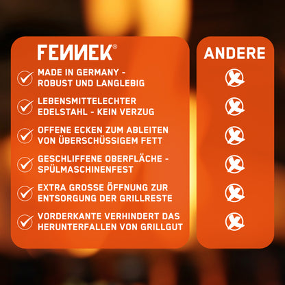 Bild zeigt die wichtigsten Merkmale der Plancha mit Vorderkante und Ablaufloch auf einen Blick im Vergleich zur Konkurrenz. Sie ist Made in Germany, langlebig und robust. Der lebensmittelechte Edelstahl verzieht sich auch nicht bei hoher Hitze. Die offenen Ecken machen das Ableiten von überschüssigem Fett zum Kinderspiel. Zusätzlich ist die Plancha dank der geschliffenen Oberfläche spülmaschinenfest. Die extra große Öffnung zur Entsorgung der Grillreste und die hochgezogene Vorderkante sind weitere Vorteile