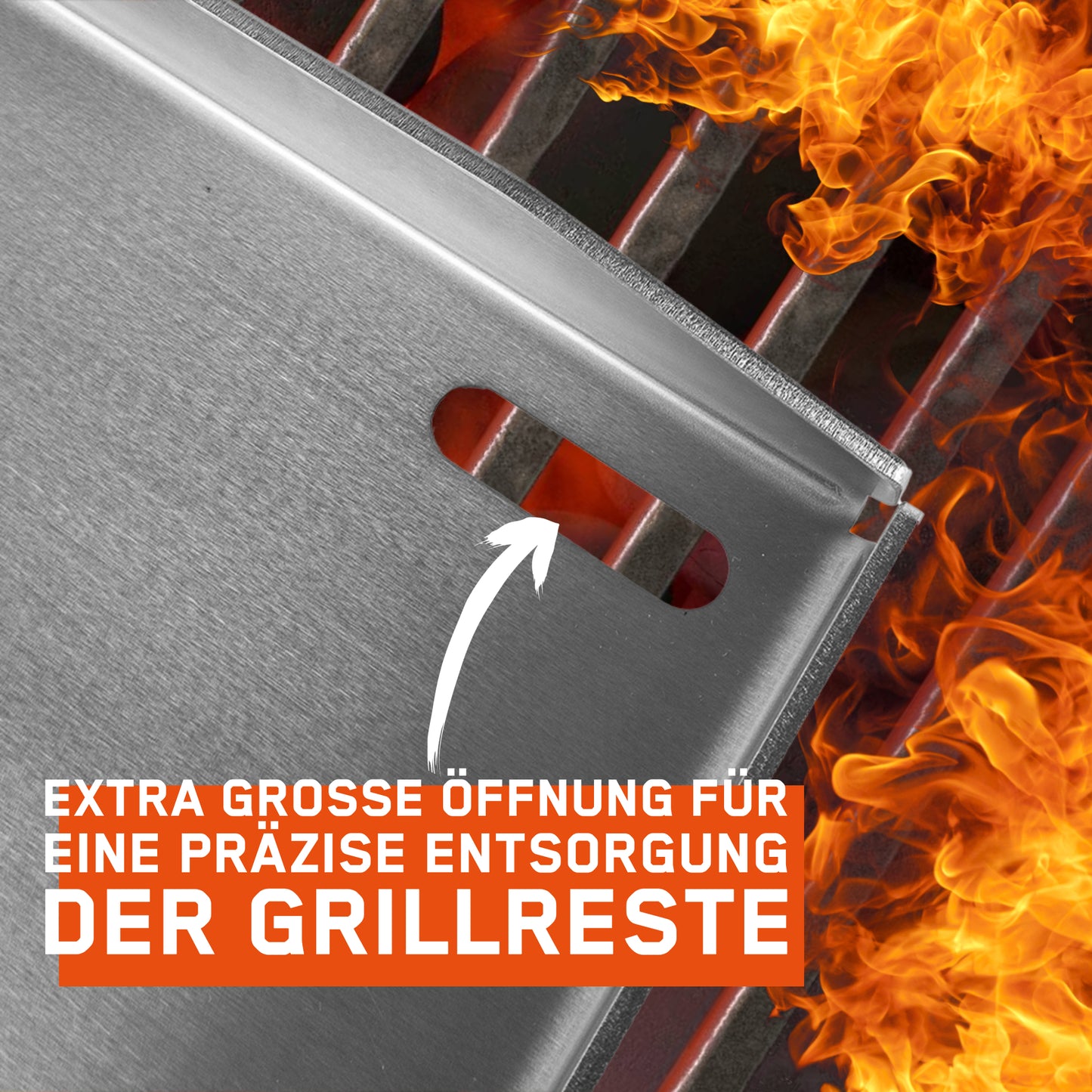 Bild zeigt eine Detailaufnahme vom großzügigen Ablaufloch der Plancha. Die extra große Öffnung ermöglicht eine präzise Entsorgung der Grillreste.