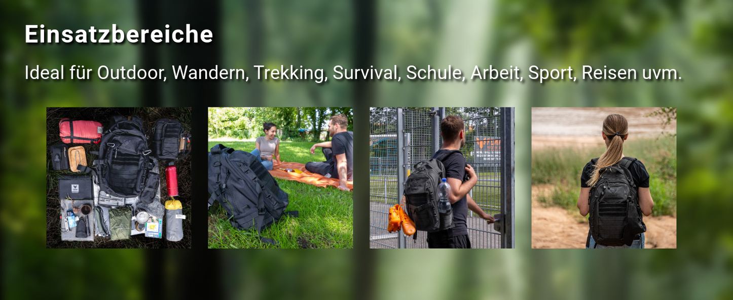 Bild zeigt die möglichen Einsatzbereiche für den FENNEK Backpack One2explore. Er ist ideal für Outdoor, Wandern, Schule, Arbeit, Sport und vieles mehr.