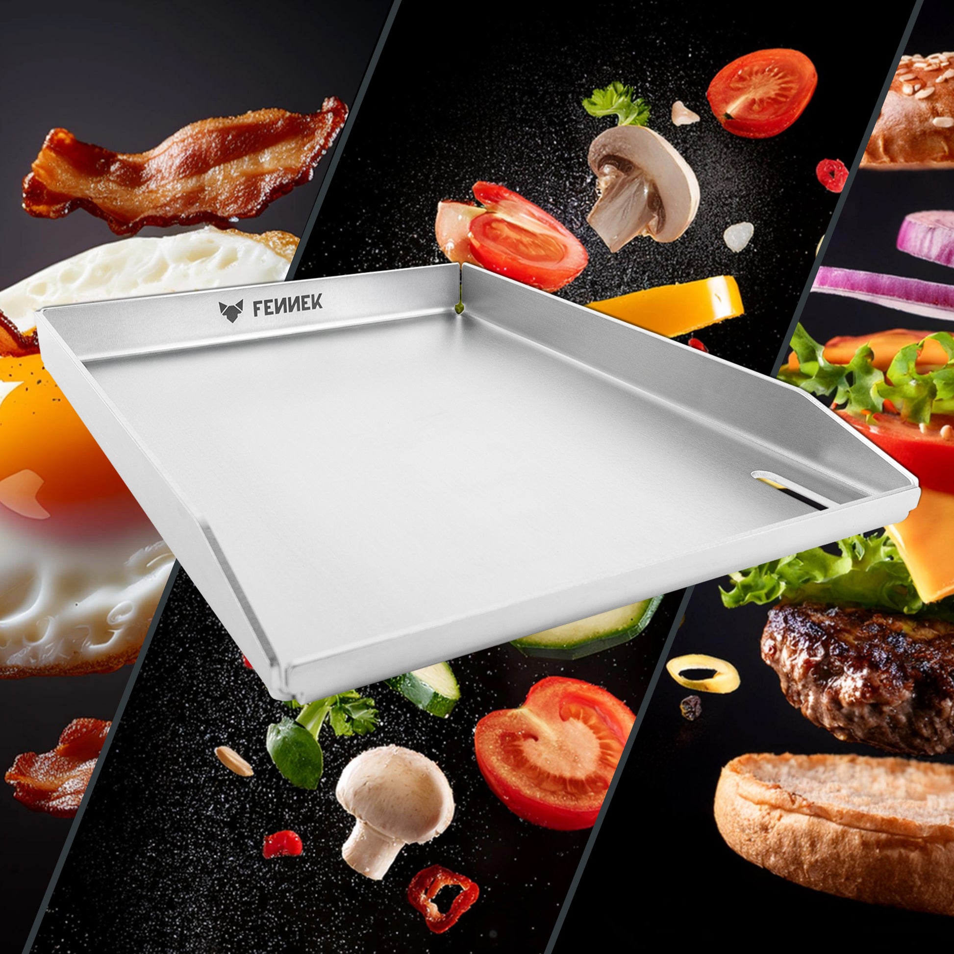 Die FENNEK Plancha 30 x 40 cm als Freisteller vor einer Collage mit Spiegelei, Bacon, frischem Grillgemüse und einem Burger.