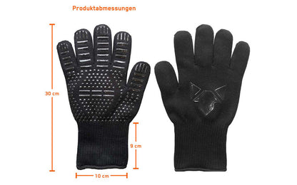 Freisteller der FENNEK Grillhandschuhe mit angegebenen Längenmaßen.