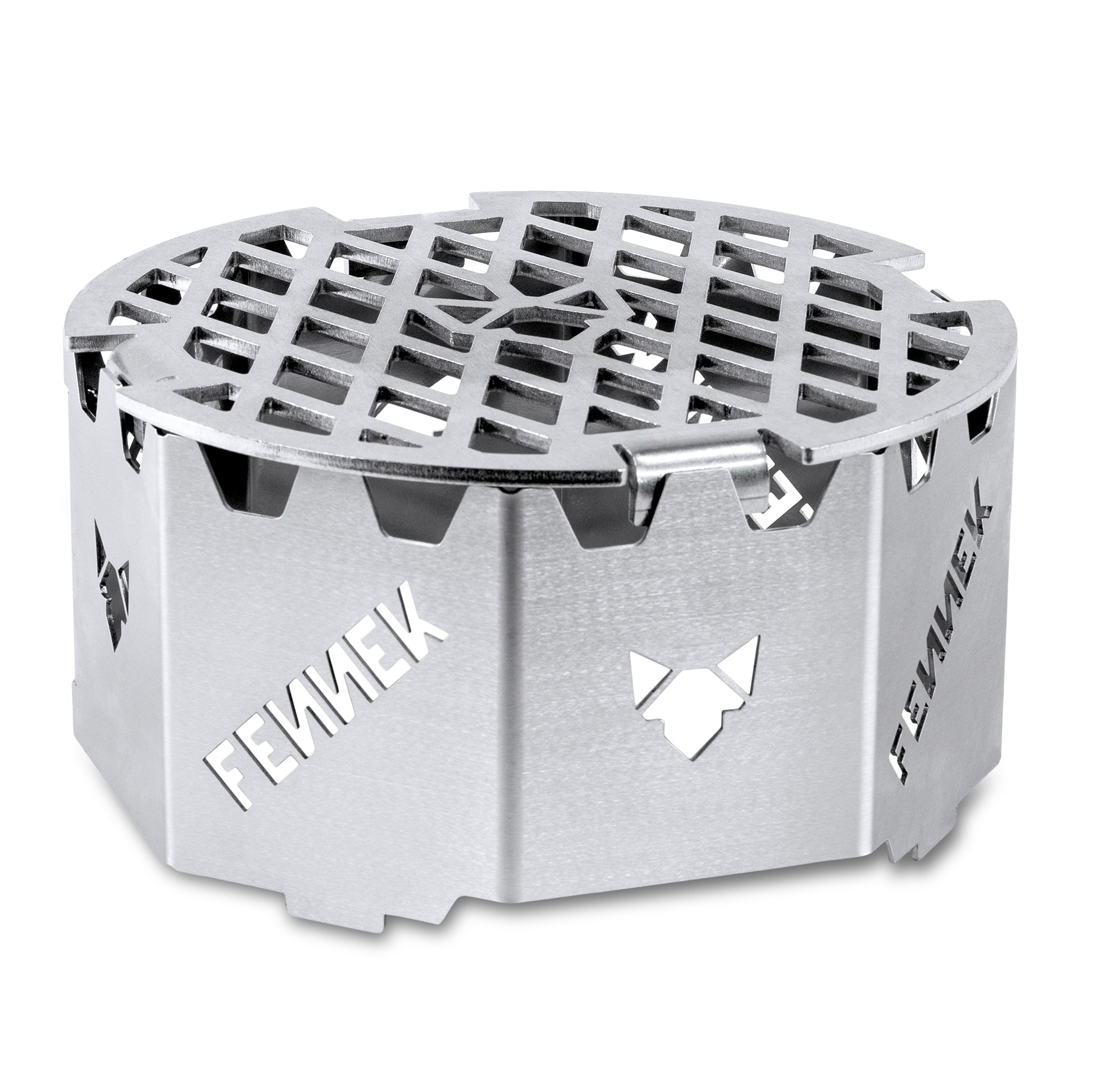 Freisteller vom FENNEK Grillrost aus 4,0 mm dickem Edelstahl für Feuerplatten und Grillringe mit 20er Öffnung. Montiert auf dem FENNEK Wok-Aufsatz aus Edelstahl. Made in Germany.