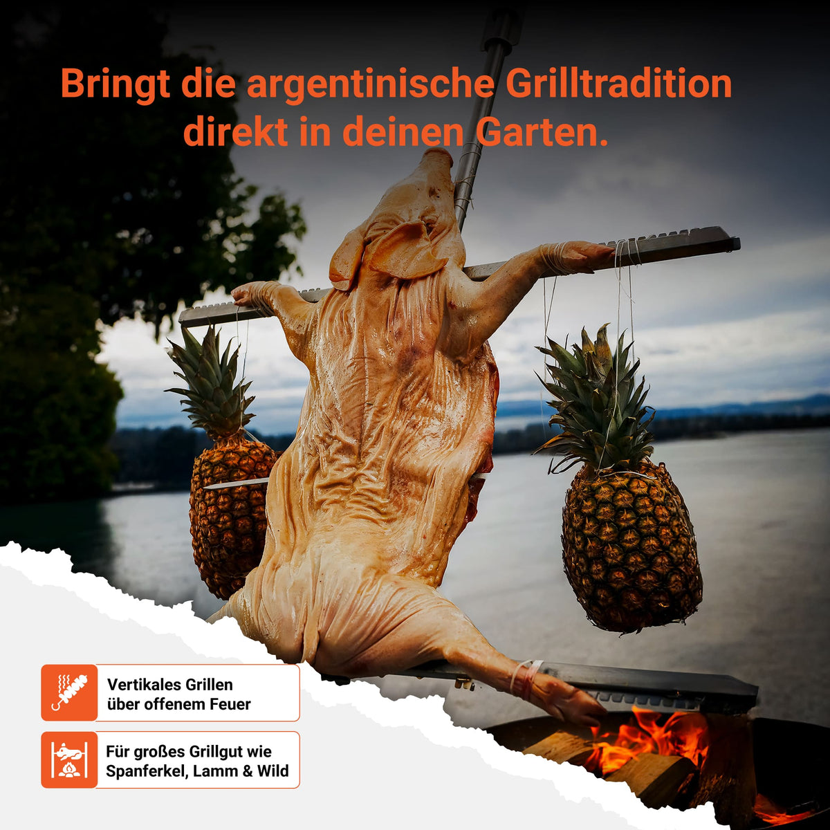 Das FENNEK Asadokreuz bringt die argentinische Grilltradition in deinen Garten und ermöglicht vertikales Grillen über offenem Feuer. Das Asadokreuz ist perfekt für großes Grillgut wie Spanferkel, Lamm und Wild geeignet.
