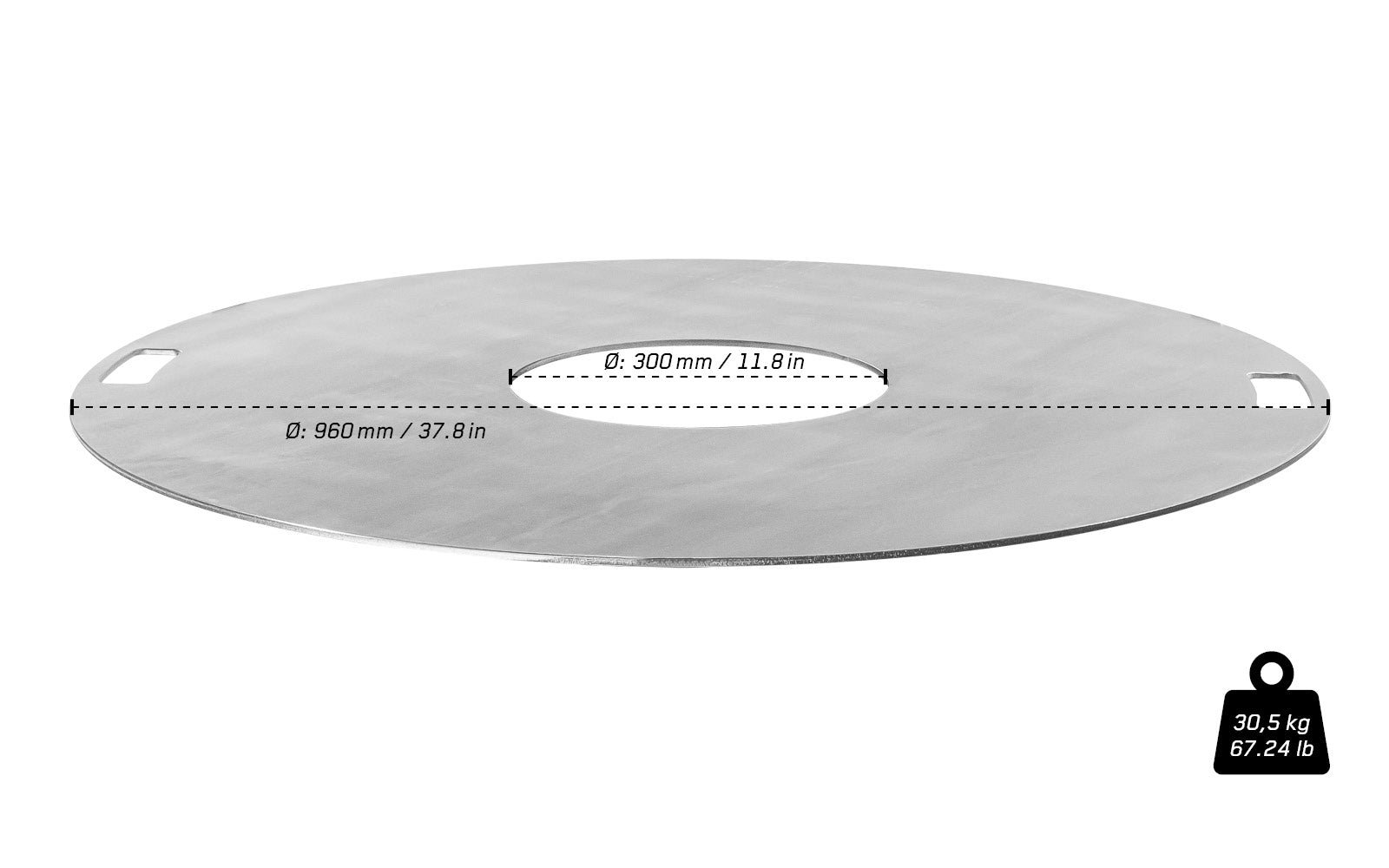 Edelstahl Feuerplatte freigestellt auf weißem Hintergrund mit Angaben zu Durchmesser und Gewicht