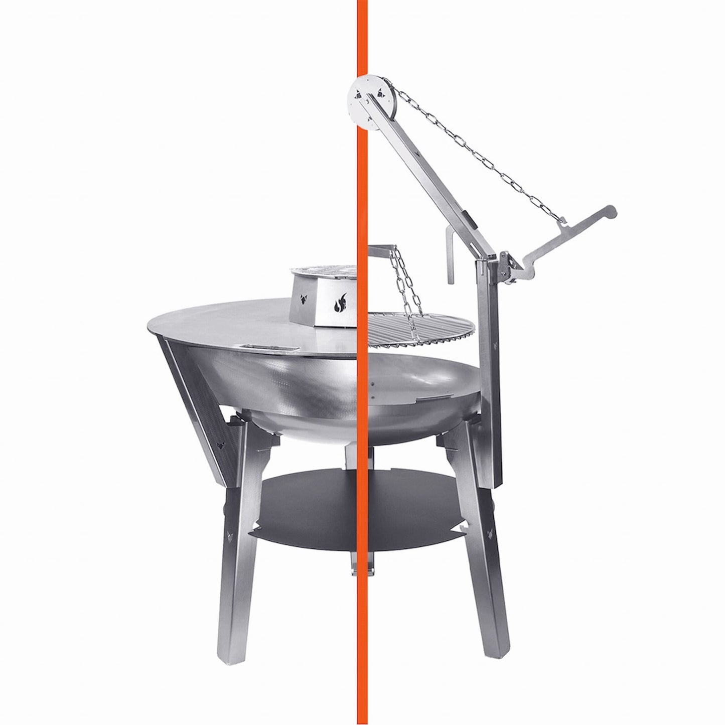 Freisteller der FENNEK Feuerschale Allround mit den Aufsätzen Feuerplatte sowie Schwenkgrill. 