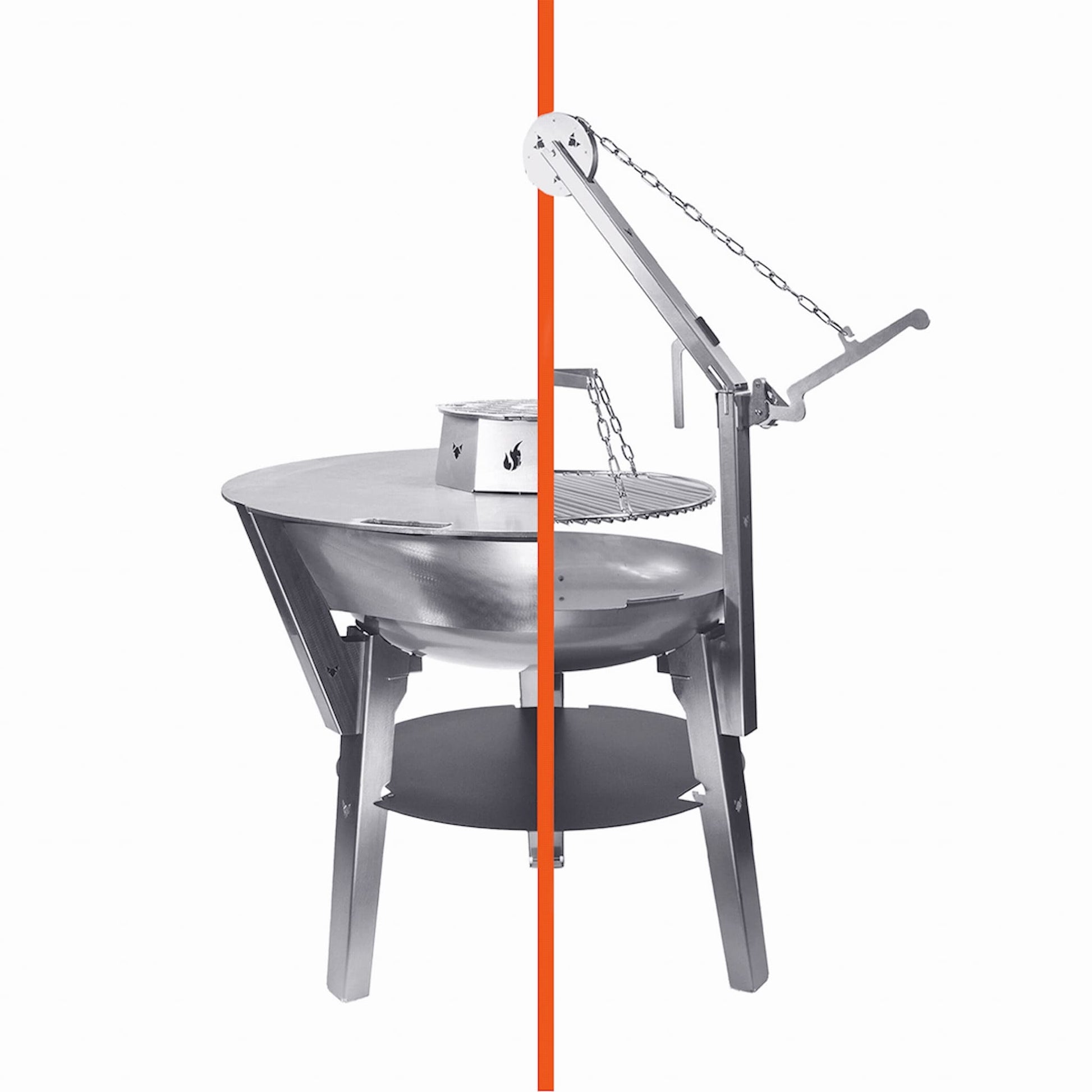 Freisteller der FENNEK Feuerschale Allround mit den Aufsätzen Feuerplatte sowie Schwenkgrill. 