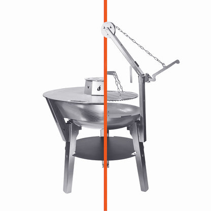 Freisteller der FENNEK Feuerschale Allround mit den Aufsätzen Feuerplatte sowie Schwenkgrill. 
