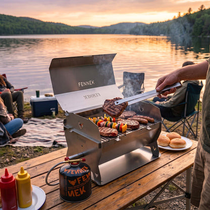 Fennek Gasgrill mit Gaskartusche im Einsatz bei einem Grillabend am See