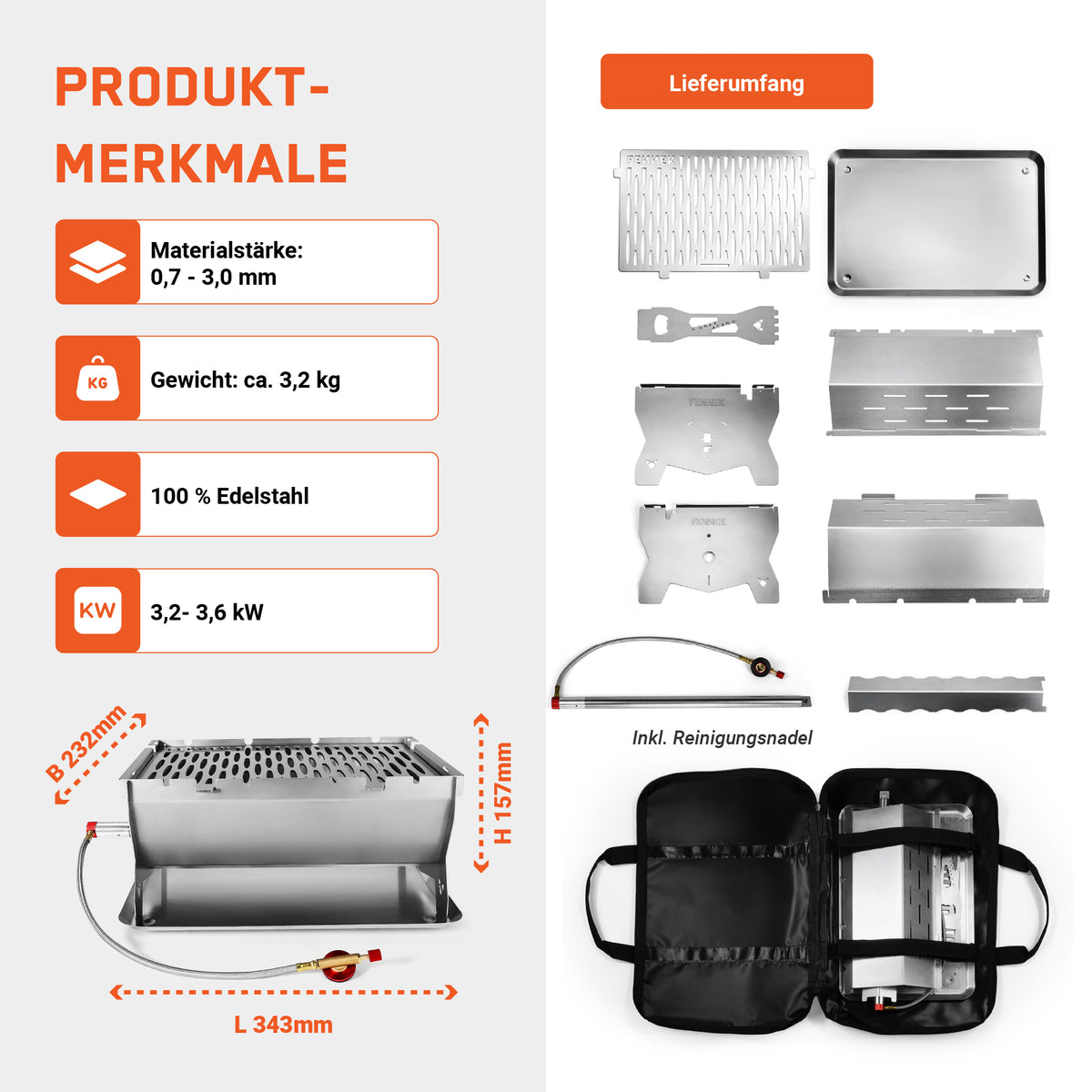 Infografik zu den Produktmerkmalen und dem Lieferumfang des Fennek Gasgrill 