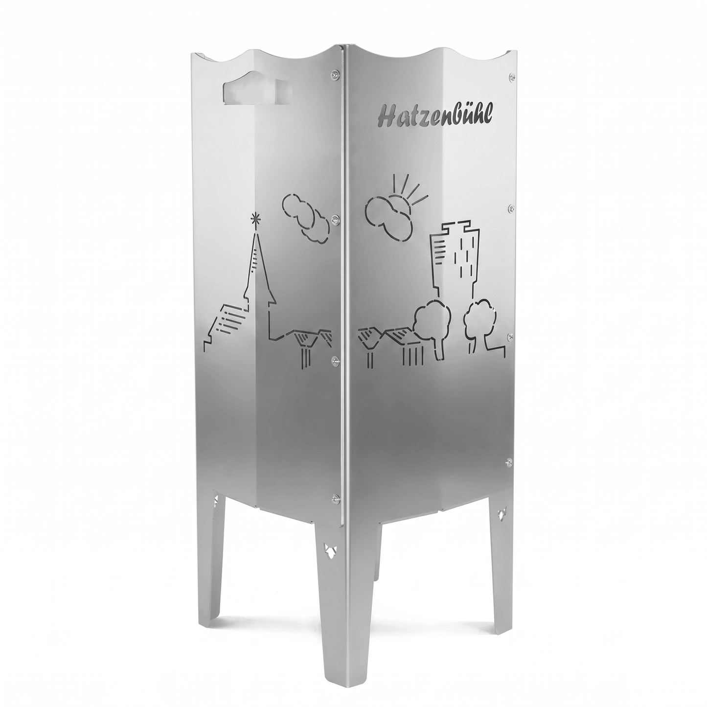 FENNEK Feuersäule aus Edelstahl oder Stahl. Made in Germany. Motiv Hatzenbühl, für Hatzebehler aus Hatzebehl!