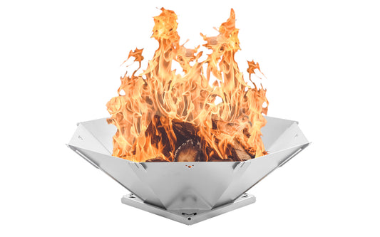 Freisteller Fennek Feuerschale Oktagon mit brennendem Holz darin