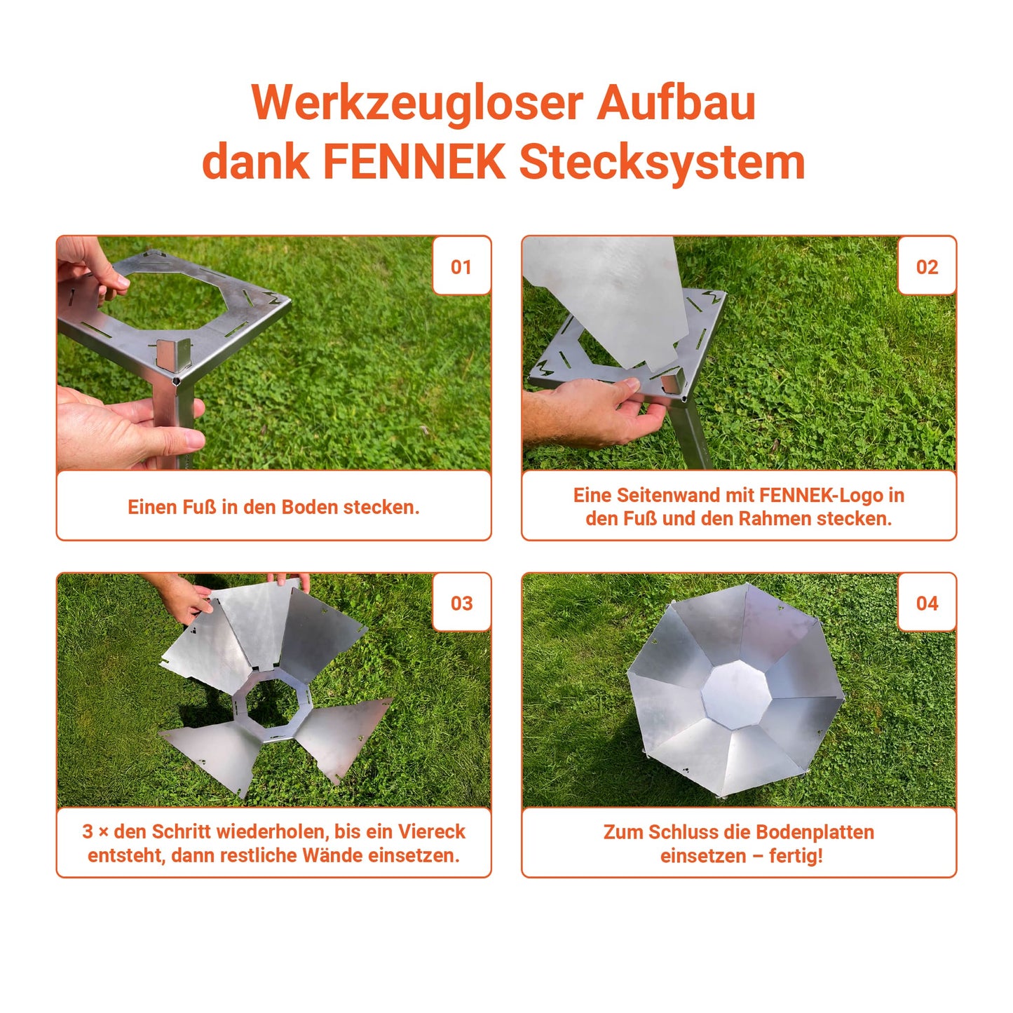 FENNEK Oktagon Feuerschale Infografik zu dem Aufbau ohne Werkzeuge dank FENNEK Stecksystem