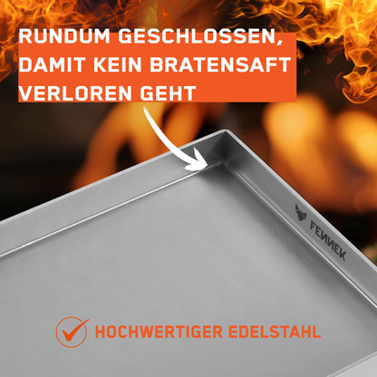 Detailbild zeigt die FENNEK Plancha 40 x 30 cm geschlossen mit verschweißten Ecken und Vorderkante mit Fokus auf die Ecke. Diese sind rundum geschlossen, damit kein Bratensaft verloren geht.