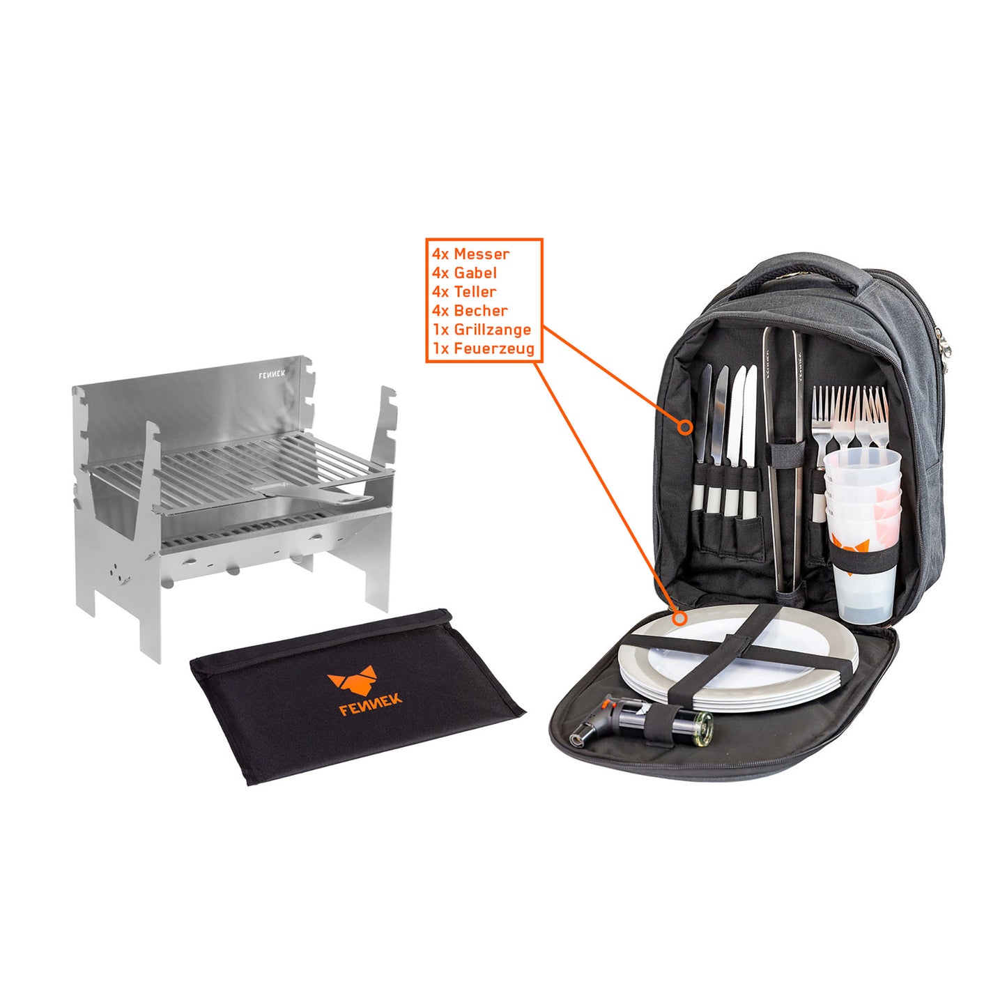 Freisteller vom FENNEK Light Grill und der dazugehörigen Tasche. Daneben der nach vorne geöffnete FENNEK Backpack mit einer detaillierten Beschreibung des Inhalts.