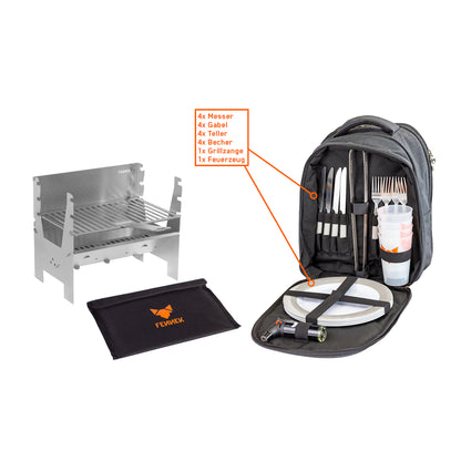 Freisteller vom FENNEK Light Grill und der dazugehörigen Tasche. Daneben der nach vorne geöffnete FENNEK Backpack mit einer detaillierten Beschreibung des Inhalts.