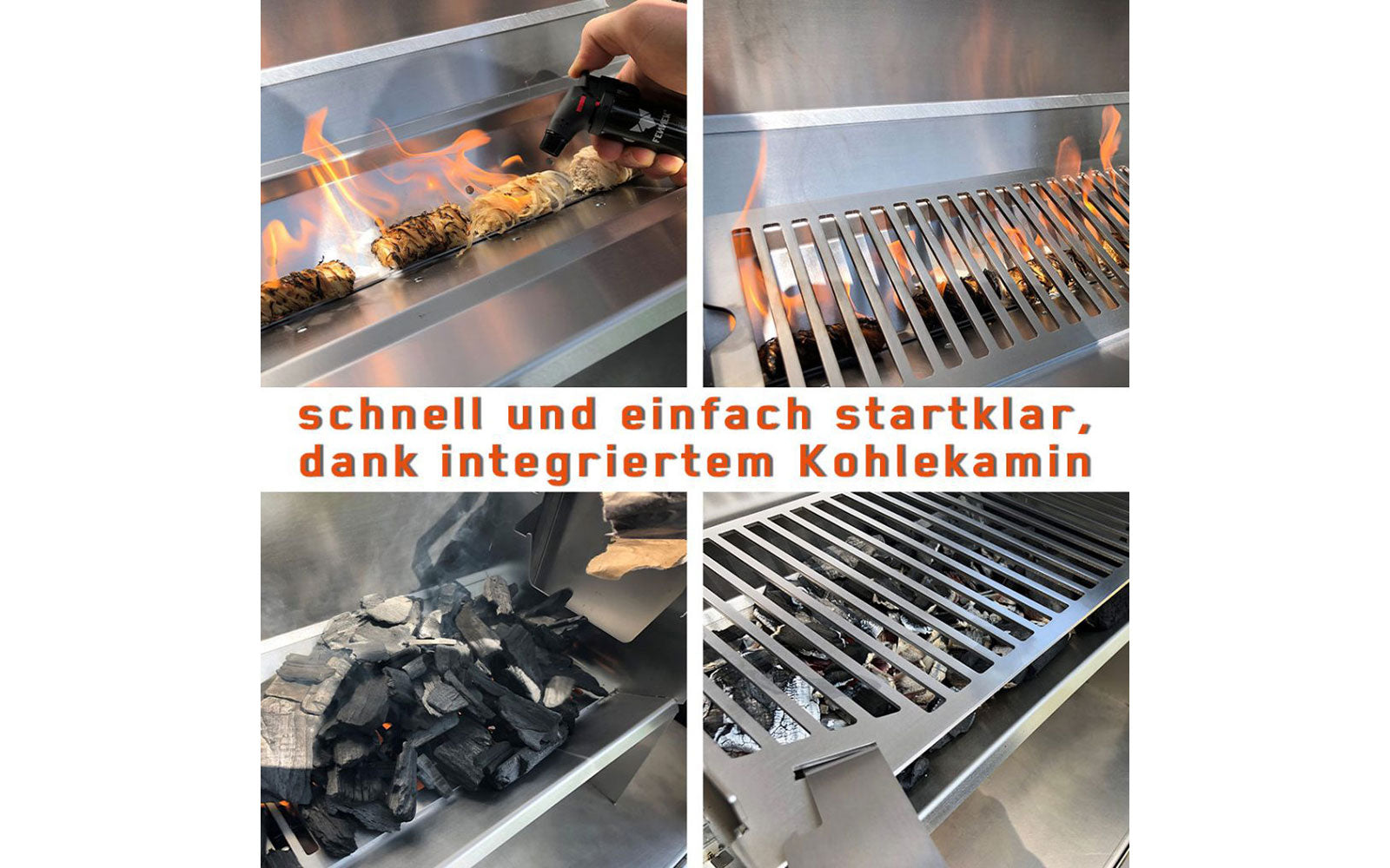 Vier kleine Bilder zeigen, dass der FENNEK 2.0 schnell und einfach startklar ist, dank seinem integriertem Kohlekamin.
