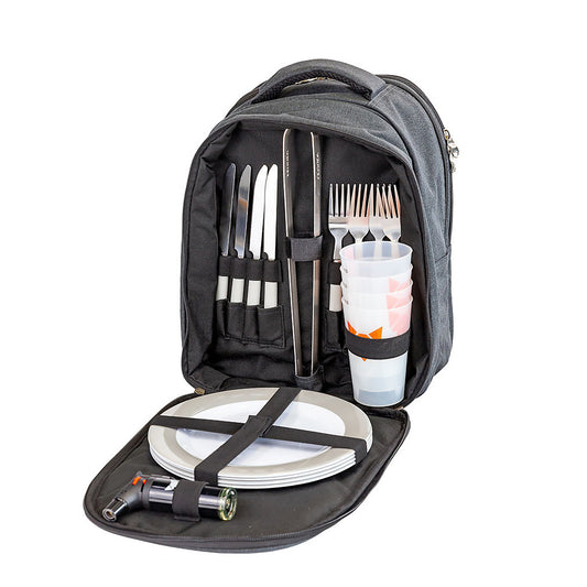 nach vorne geöffneter Rucksack mit Picknick-Set für 4 Personen.