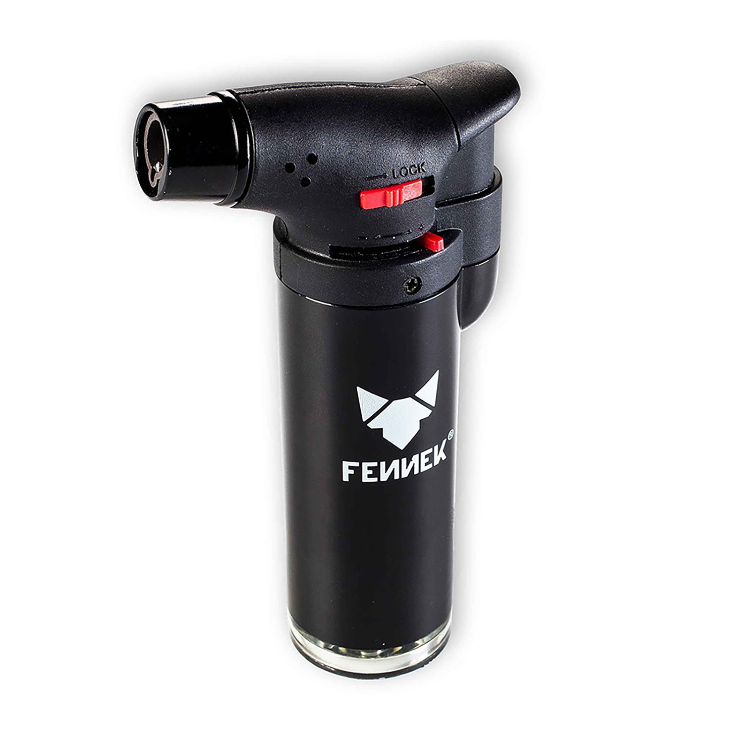 Produktfoto schwarzes FENNEK Feuerzeug mit JET-Flamme und weißem FENNEK Logo-Aufdruck