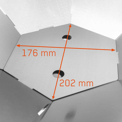 Nahaufnahme Bodenblech der Hexagon Feuerschale mit eingezeichneten Maßangaben.