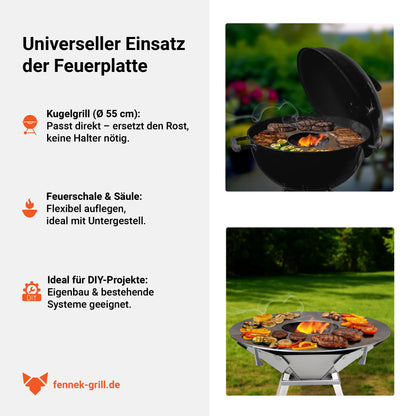 Informationen zur 55 cm Durchmesser Feuerplatte aus Feinkornstahl.