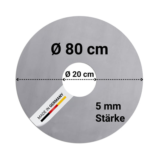 FENNEK Feuerplatte 80 cm mit 20 cm Loch. Aus 5 mm dickem Feinkornstahl - Made in Germany.