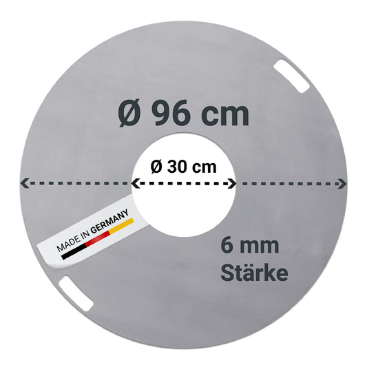 Freisteller der FENNEK Feuerplatte ø 96 cm mit Maßen - Made in Germany