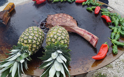Feuerplatte in Aktion mit saftigem grünen und rotem Gemüse sowie ein großes Stück Fleisch.