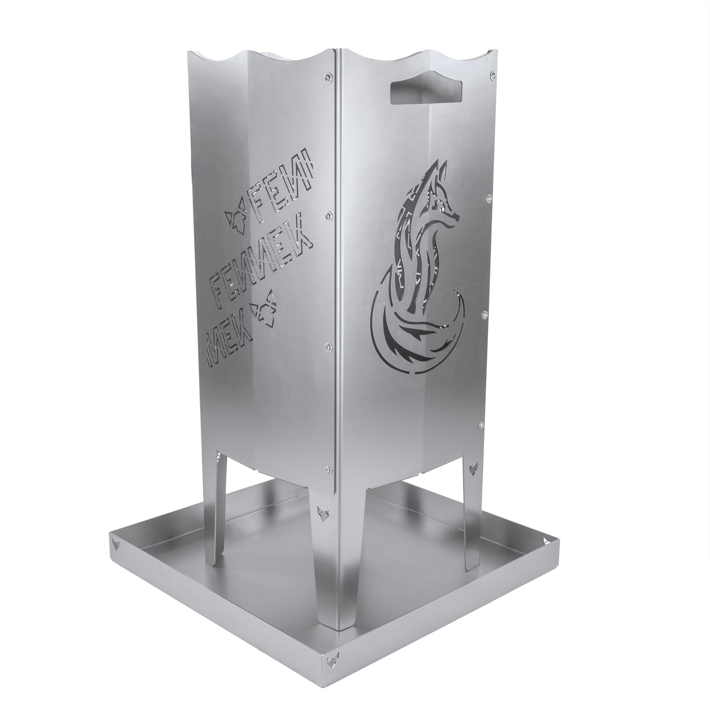 Freisteller der FENNEK Feuersäule, die in der Aschewanne steht. Aus Stahl oder Edelstahl und natürlich Made in Germany.