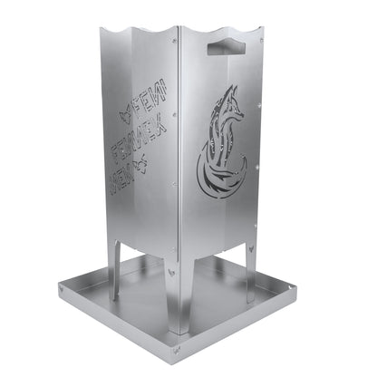 Freisteller der FENNEK Feuersäule, die in der Aschewanne steht. Aus Stahl oder Edelstahl und natürlich Made in Germany.