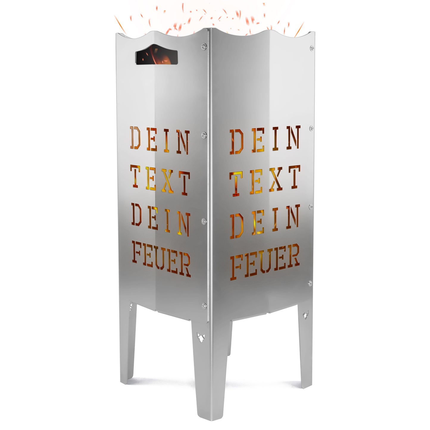 Freisteller der FENNEK Feuersäule personalisiert mit eigenem Text vor weißem Hintergrund. Aus Stahl oder Edelstahl. Made in Germany.