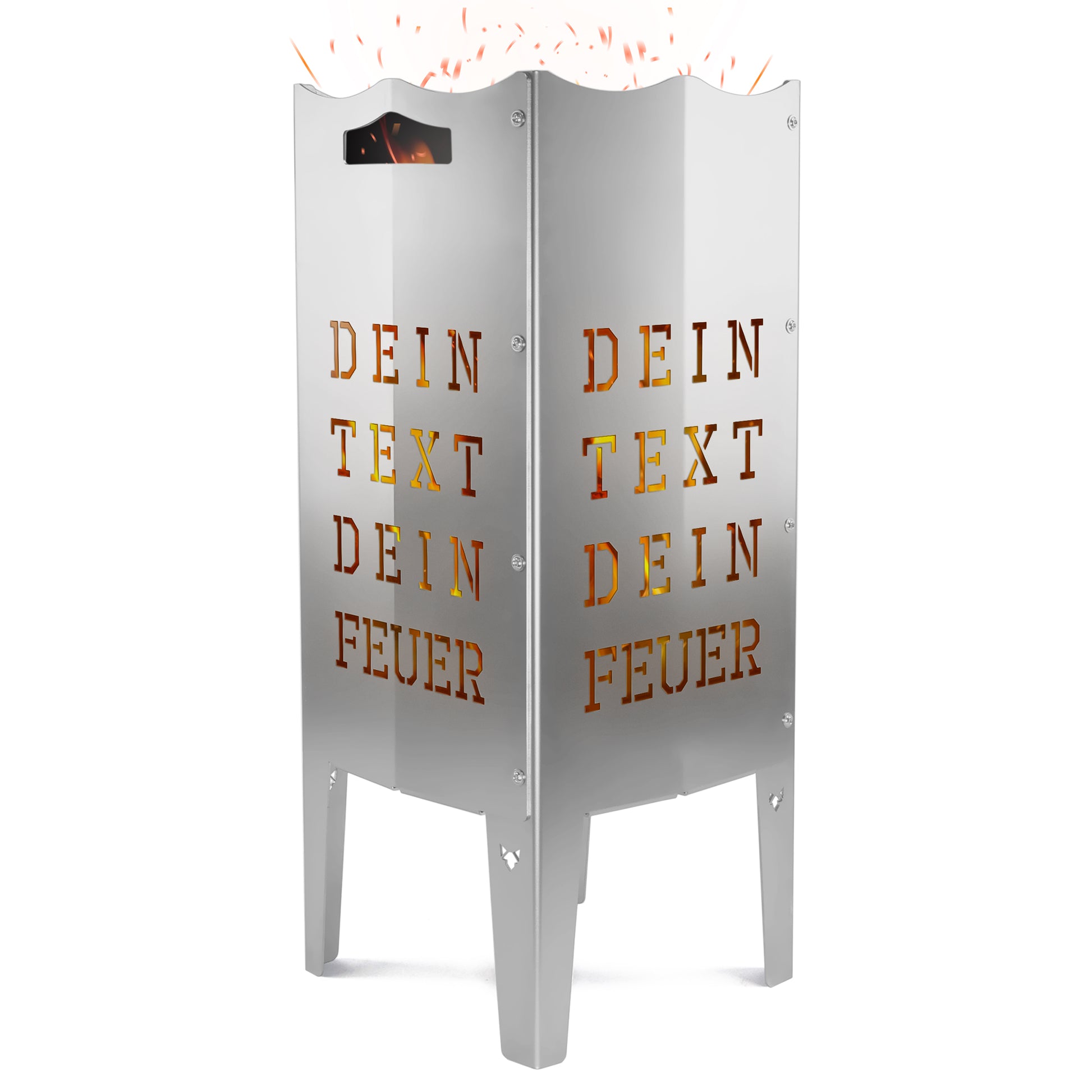 Freisteller der FENNEK Feuersäule personalisiert mit eigenem Text vor weißem Hintergrund. Aus Stahl oder Edelstahl. Made in Germany.