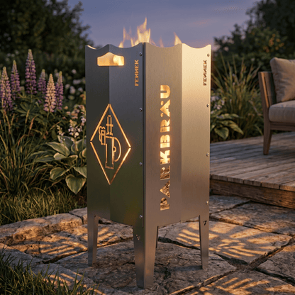 Szenebild zeigt die FENNEK Feuersäule mit dem Parkbräu Logo befeuert in einem Garten bei schönem abendlichen Licht. Sie ist perfekt für alle Fans, Sammler und Bierliebhaber. Das unverwechselbare Parkbräu Logo ist präzise ausgeschnitten und sorgt befeuert für ein unverwechselbares Erlebnis.