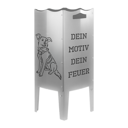 FENNEK Feuersäule mit eigenem Bild, Logo oder Motiv. Einfach Bild schicken und ganz persönliche Feuertonne erhalten. Made in Germany. Aus Stahl oder Edelstahl. 